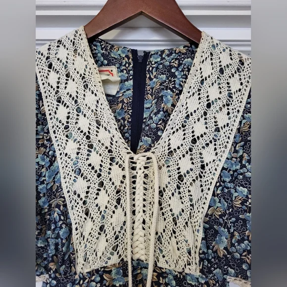 Phase II Vintage 70's Blue Calico Floral Prairie Cottage Boho Maxi Dress Size 11